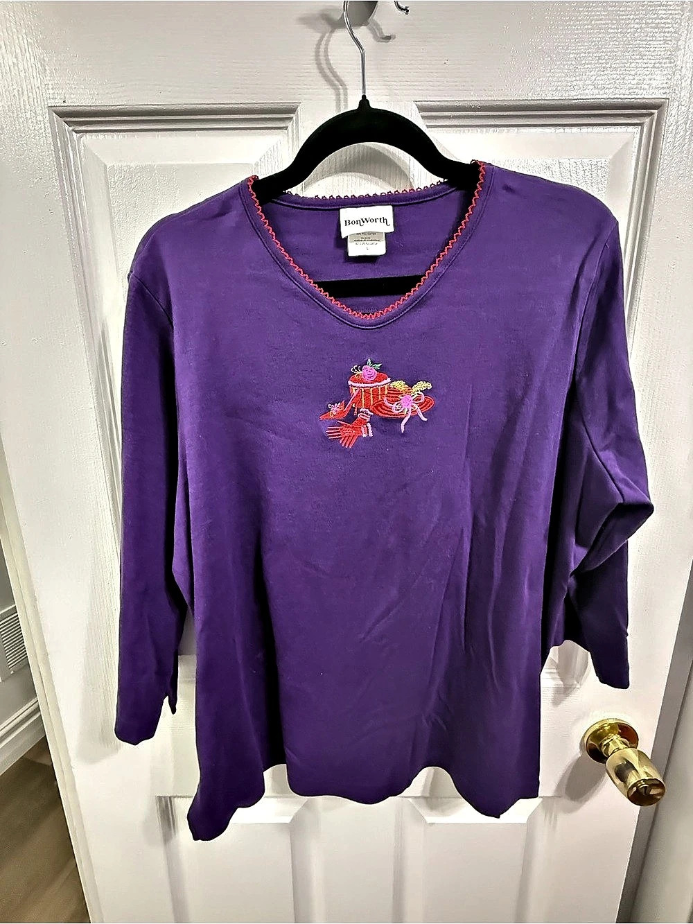 BonWorth Embroidered Long Sleeve Top in Purple Size Large